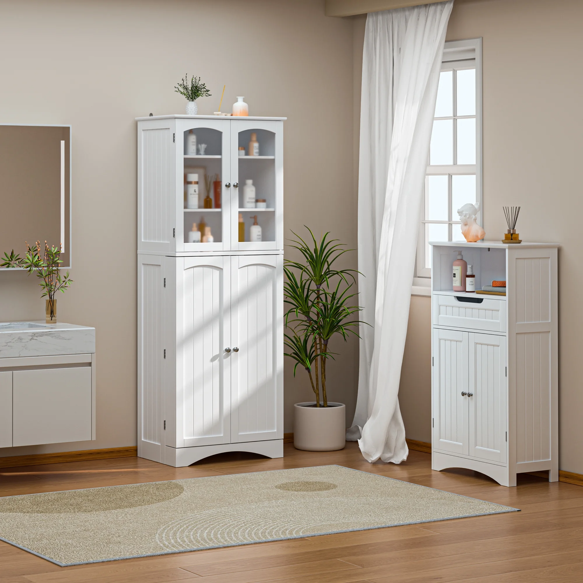 Aiho 64" H Tall Kitchen Pantry Storage Cabinet with Glass Door, White