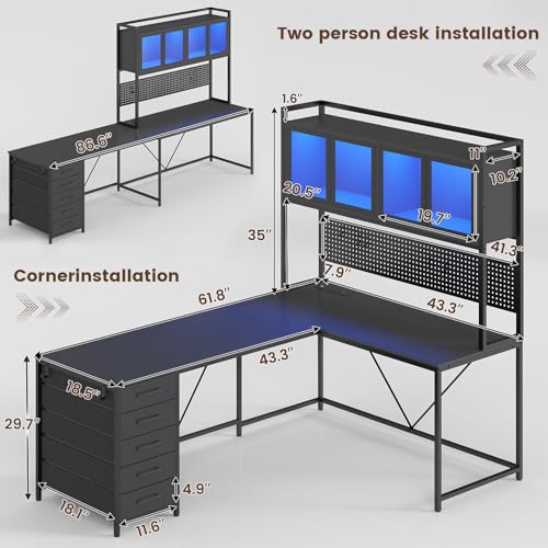 SEDETA L Shaped Gaming Desk with Drawers, L Shaped Computer Desk with Hutch and Storage Shelves, Gaming Desk with Pegboard, Led Lights