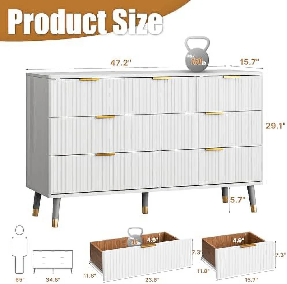 7 Drawer Dresser for Bedroom  Fluted White and Gold Dresser with Curved Profile Design   Dresser Wood  Dressers &amp