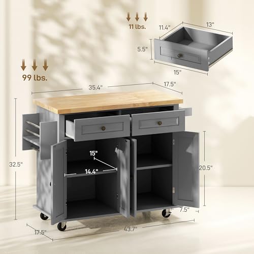 HOMCOM Kitchen Island on Wheels, Rolling Cart with Rubberwood Top, Spice Rack, Towel Rack and Drawers for Dining Room, Navy Blue
