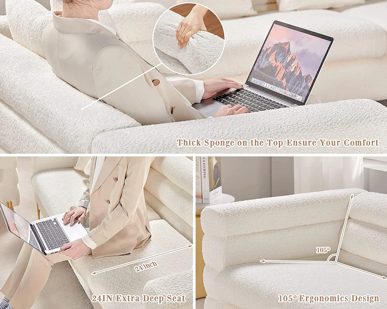 AMERLIFE Sofa, Oversized Sofa- 85 inch, 3 Seater Sofa Comfy Sofa for Living Room- White Deep Seat Sofa, Boucl&eacute; Couch