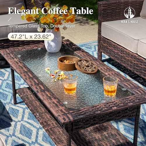 HERA'S HOUSE High Back Patio Furniture Set with Swivel Chairs, Outdoor Wicker Conversation Sets with 5.5" Comfy Cushions, 4 Piece Outside Sofa Sets