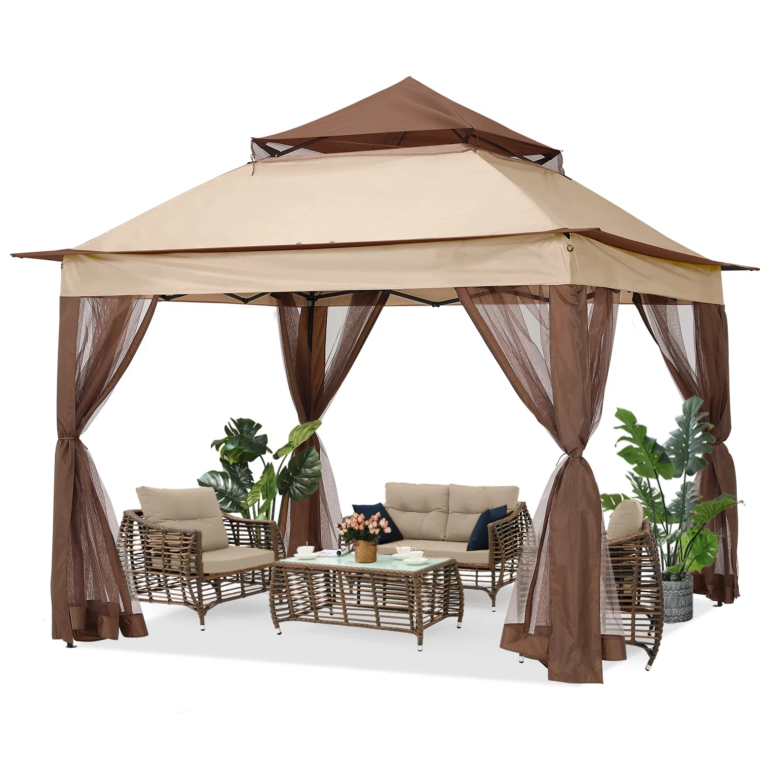 ABCCANOPY 13'x13' Gazebo Tent Outdoor Pop up Gazebo Canopy Shelter with Mosquito Netting, Brown