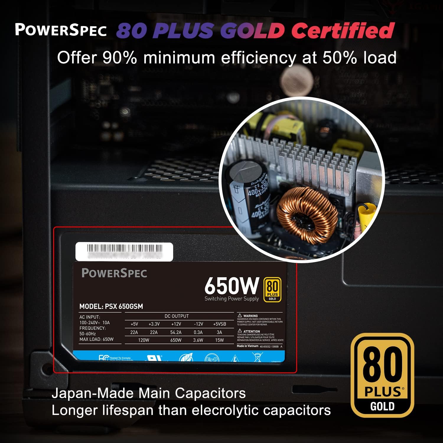 PowerSpec 650W Power Supply 80 Plus Bronze Certified Fixed Cable Non-Modular ATX PSU Active PFC SLI Crossfire Ready Gaming PC Computer Switching
