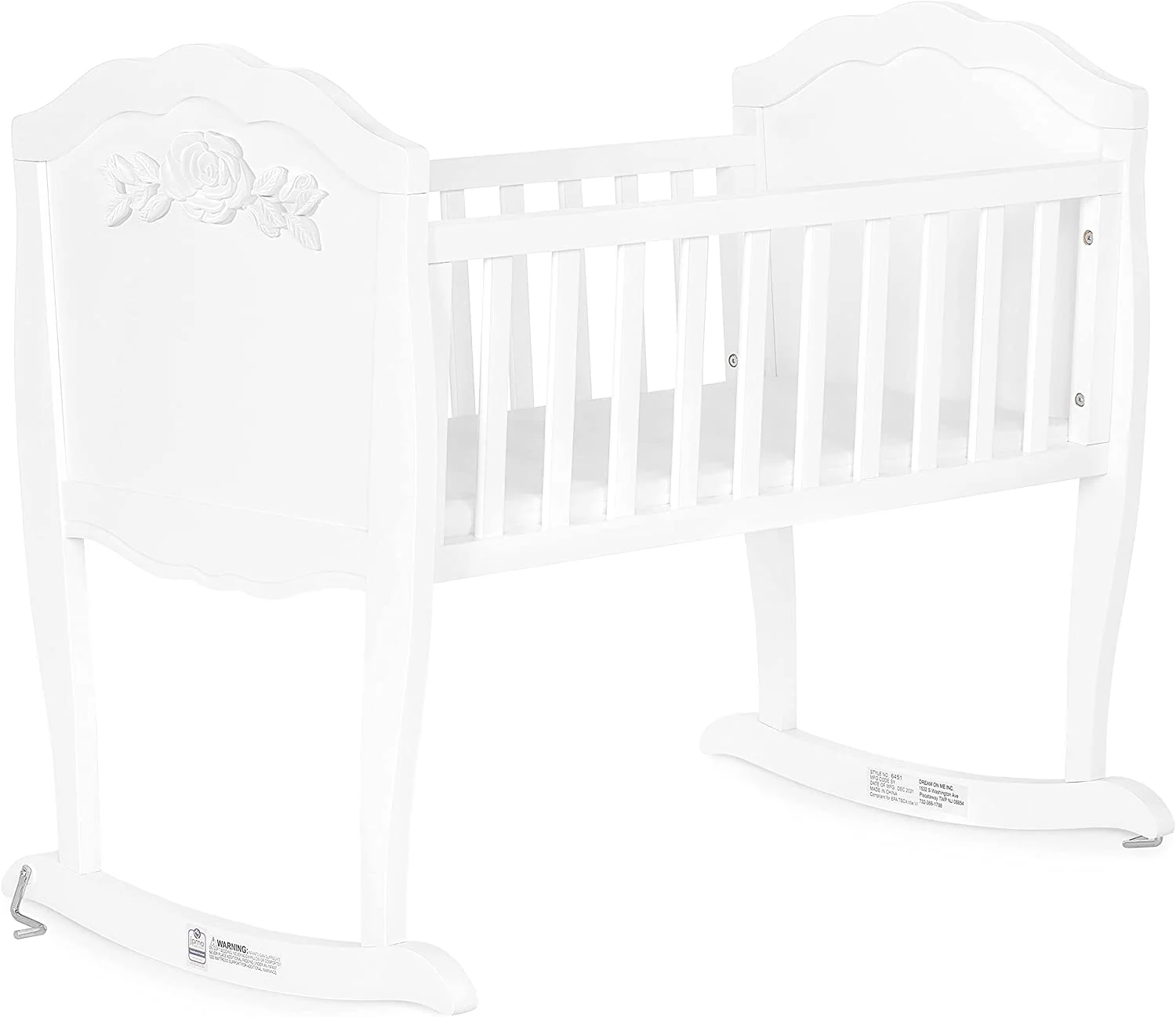 Rose Cradle in White, with 1" Mattress Pad, Easy to Assemble, JPMA Certified, New Zealand Pinewood Cradle, Stationary and Rocking Cradle
