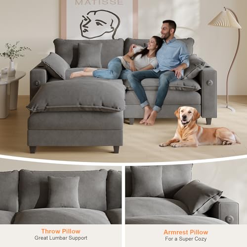 Modular Sectional Sofa, Cloud Couch with Ottoman, Charging Station, Throw Pillows, Cup Holders, Modern Convertible U Shaped Couches for Living Room