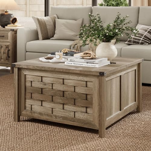 LINSY HOME Farmhouse Coffee Table, 31.5" Square Center Table with Large Hidden Storage, Rustic Cocktail Table with Hinged Lift Top for Living Room