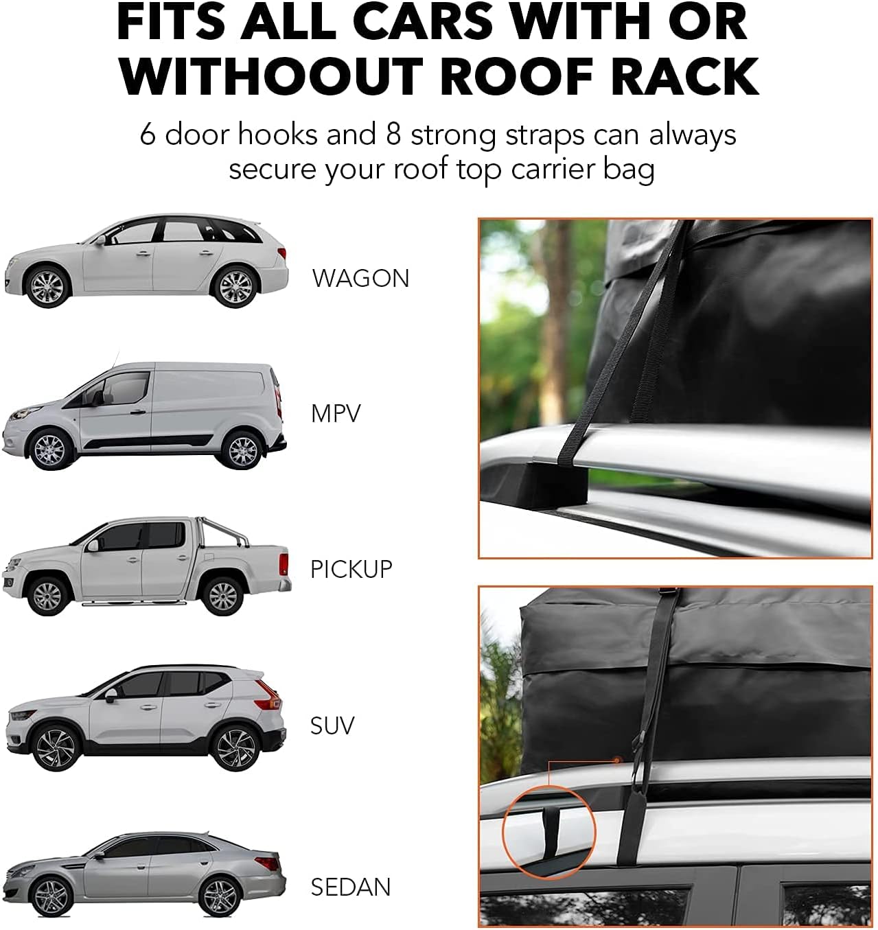 APLLE Rooftop Cargo Carrier, 15 Cubic Feet Rooftop Car Bag, with Anti-Slip Mat, Storage Bag, 8 Reinforced Straps, 6 Door Hooks