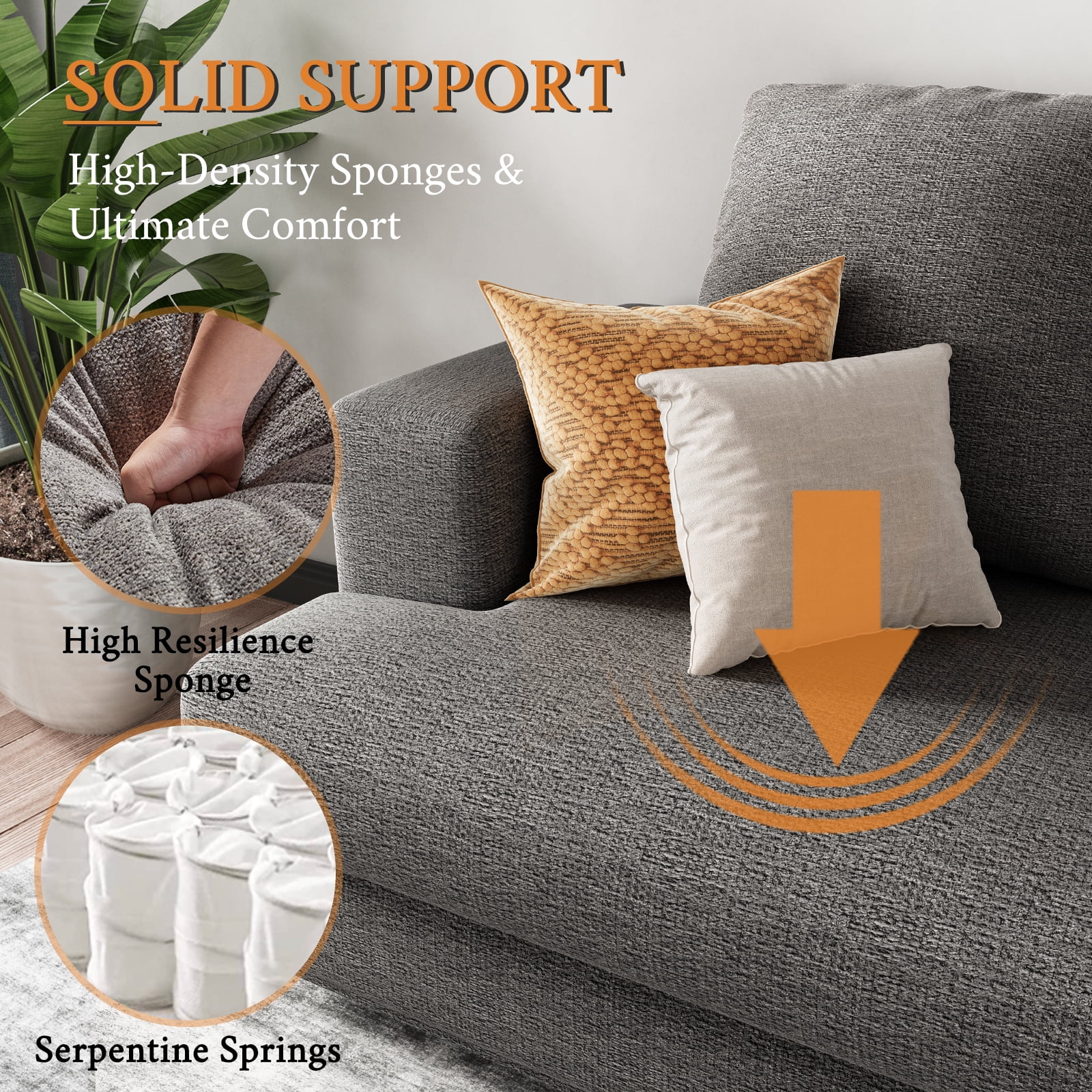 PapaJet 3 Seater Comfy Sofa with Extra Deep Seat, 97" Modern Couches for Living Room, Grey Chenille