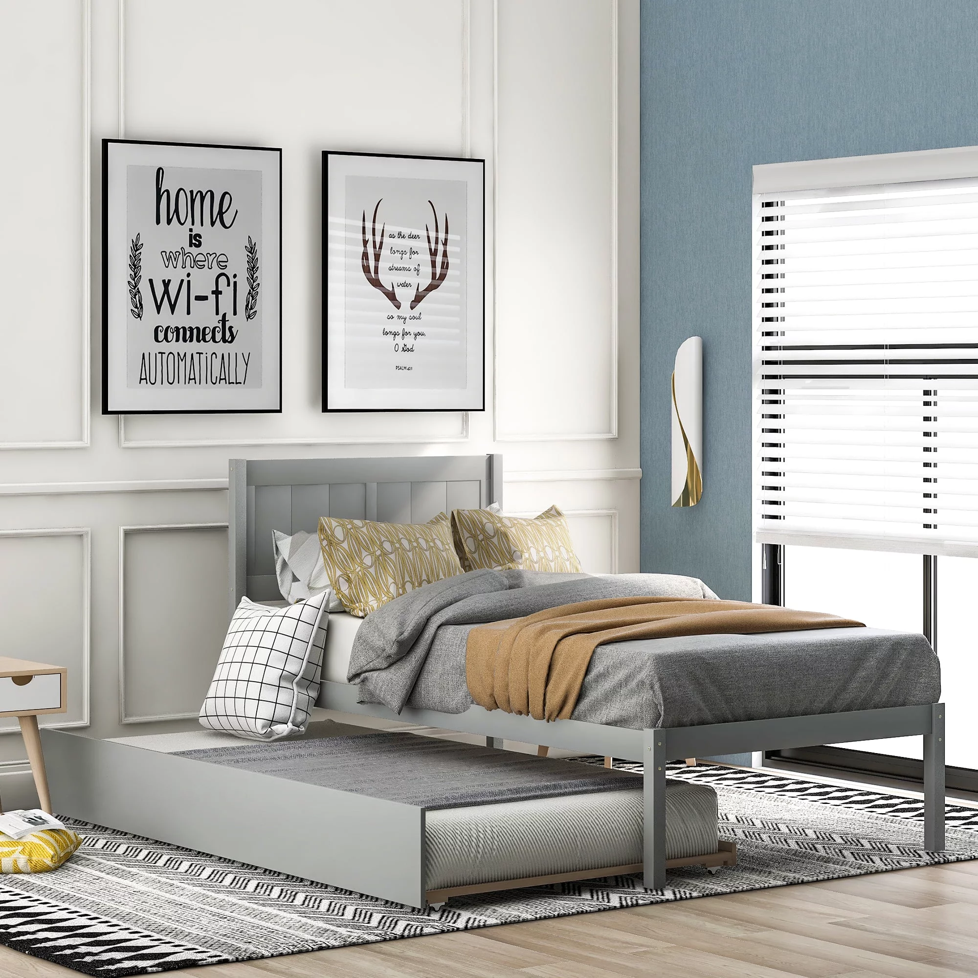 Euroco Twin Size Wood Platform Bed with Trundle for Kids, Gray