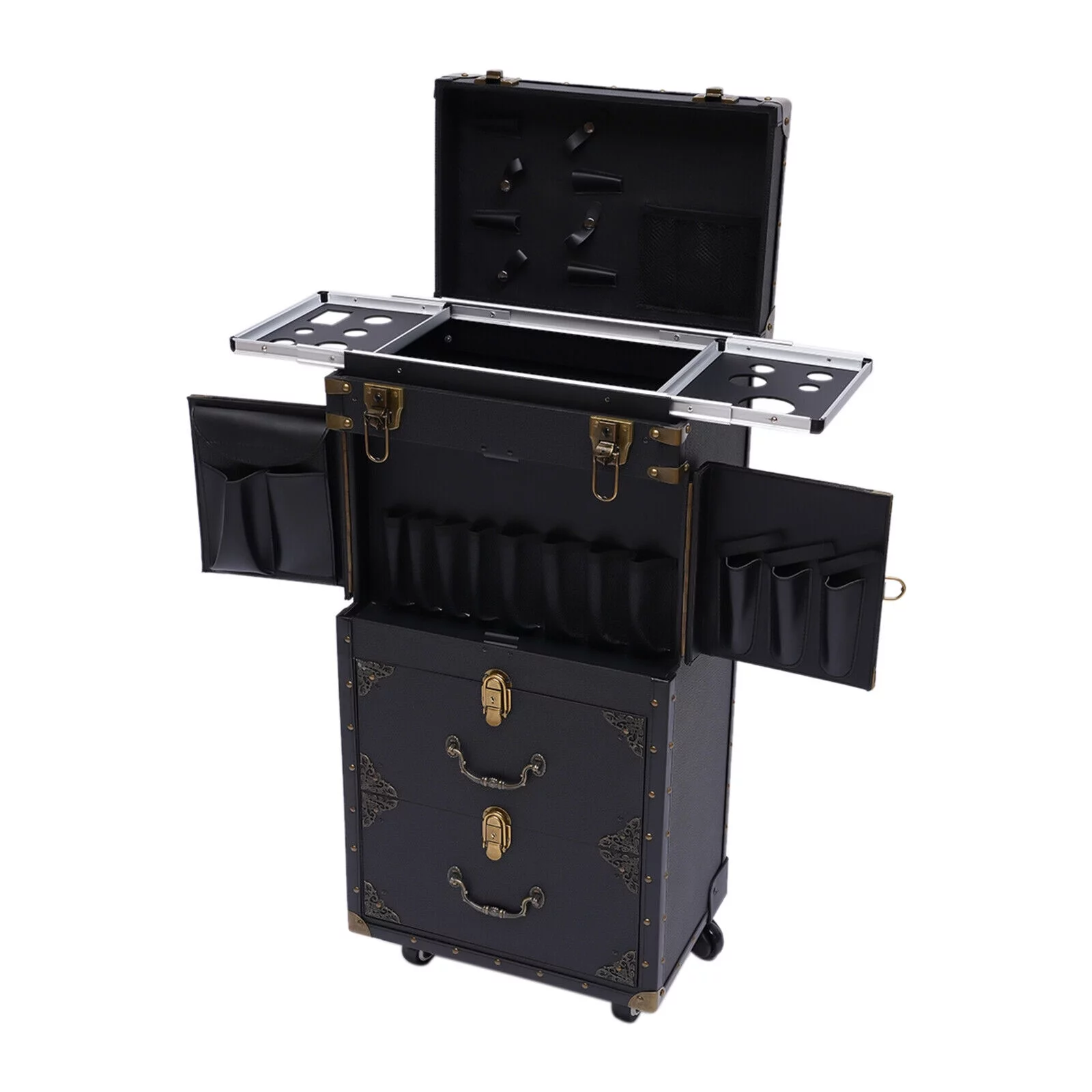 Miumaeov Portable Rolling Makeup Train Case Hairdressing Clipper Trimmer Display Suitcase Travel Organizer Beauty Salon Cosmetic Luggage Box
