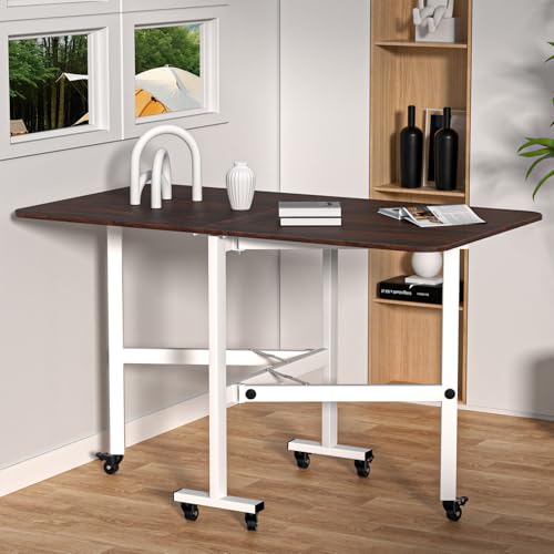 Folding Dining Table,Drop Leaf Dining Table,Foldable Expandable Table,Solid Wooden Foldable Workstation Desk with 6 Wheels