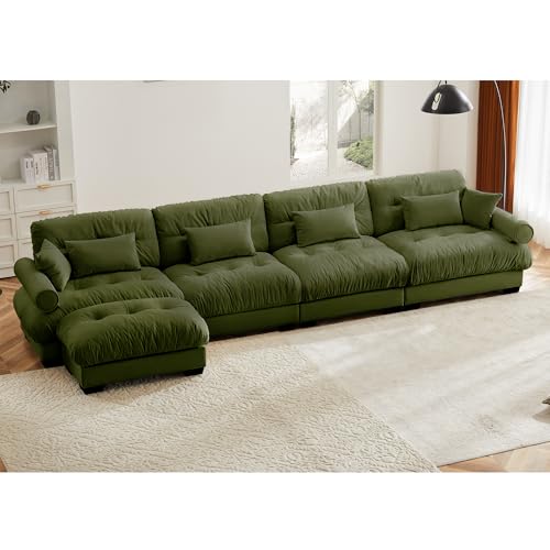 130" Modular Sectional Sofa,Velvet Upholstered Couches for Living Room,3 Seater Green Sofa Couch with Movable Ottoman