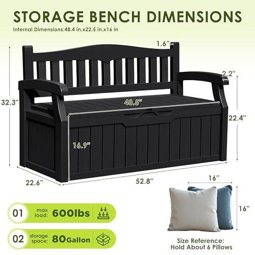 Greesum 80 Gallon Outdoor Storage Bench, Resin Patio Furniture with Armrest,Waterproof and UV-Resistant, Perfect to Garden, Poolside and Lawn