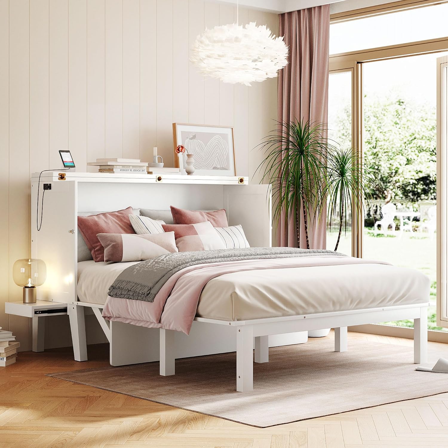 Murphy Bed Queen with Desk Board and Removable Shelves,Wooden Murphy Bed Cabinet with Charging Station