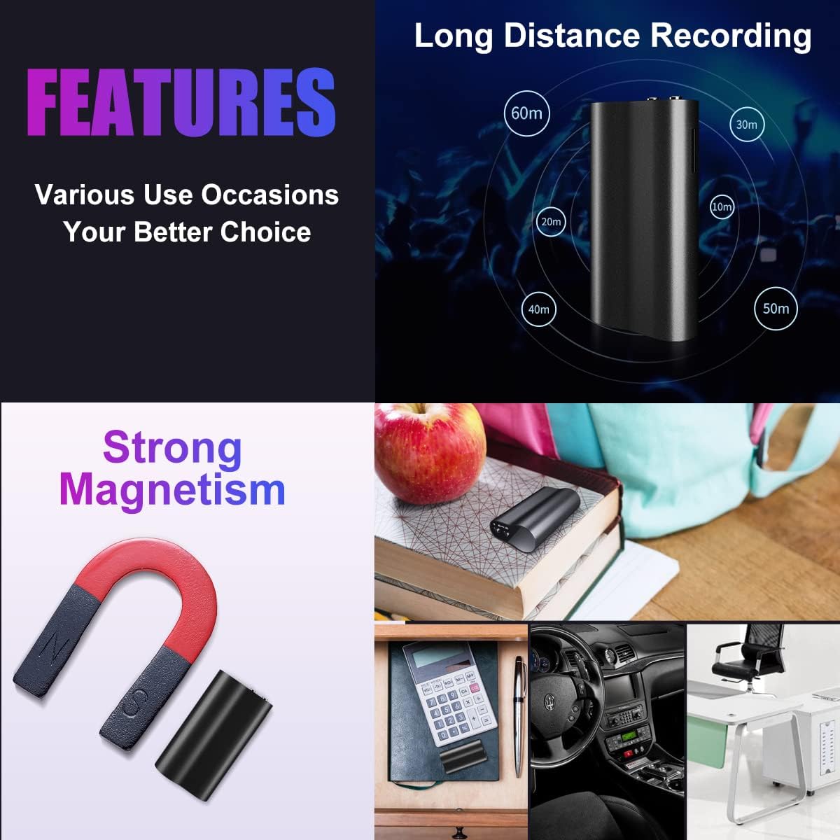 64+16GB Voice Recorder, Magnetic Voice Activated Recorder with 720 Hours Recording Capacity Small Voice Recorder Device with 500 Hours Battery Time