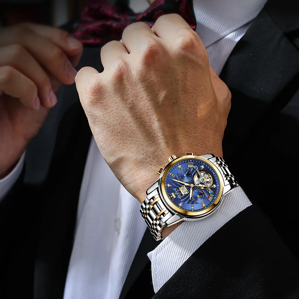 OLEVS Watch for Men Automatic Skeleton Tourbillon Mechanical Self Winding Business Luxury Dual Calendar Stainless Steel Luminous Waterproof Man Wrist