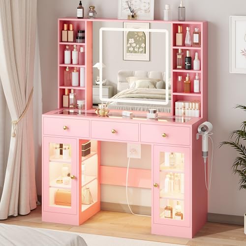 White Vanity Desk with Mirror and Lights, Glass Top Vanity with Lighted Mirror & RGB Glass Cabinet and 3 Drawers