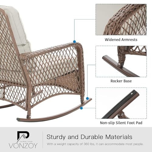 Patio Furniture Set 3 Pieces, Wicker Rocking Bistro Set with Thick Cushions, Outdoor Rocker Chairs and Coffee Table for Porch