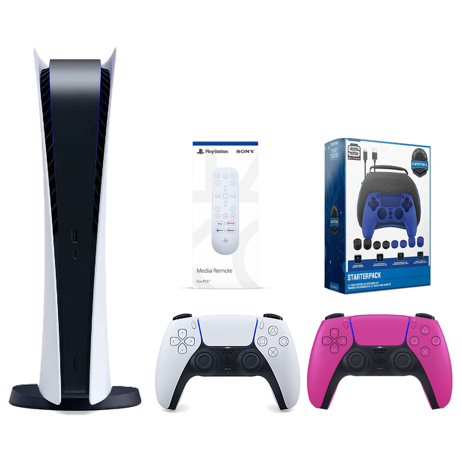Sony Playstation 5 Digital Edition Console with Extra Pink Controller, Media Remote and Surge Pro Gamer Starter Pack 11-Piece Accessory Bundle