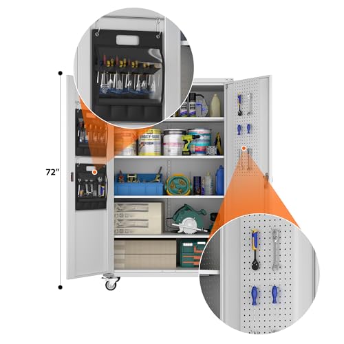 Aobabo 71" H×32" W×16" D Metal Storage Cabinet with Wheels, Garage Steel Storage Cabinet with 5 Adjustable Shelves and 4 Hooks for Home Office