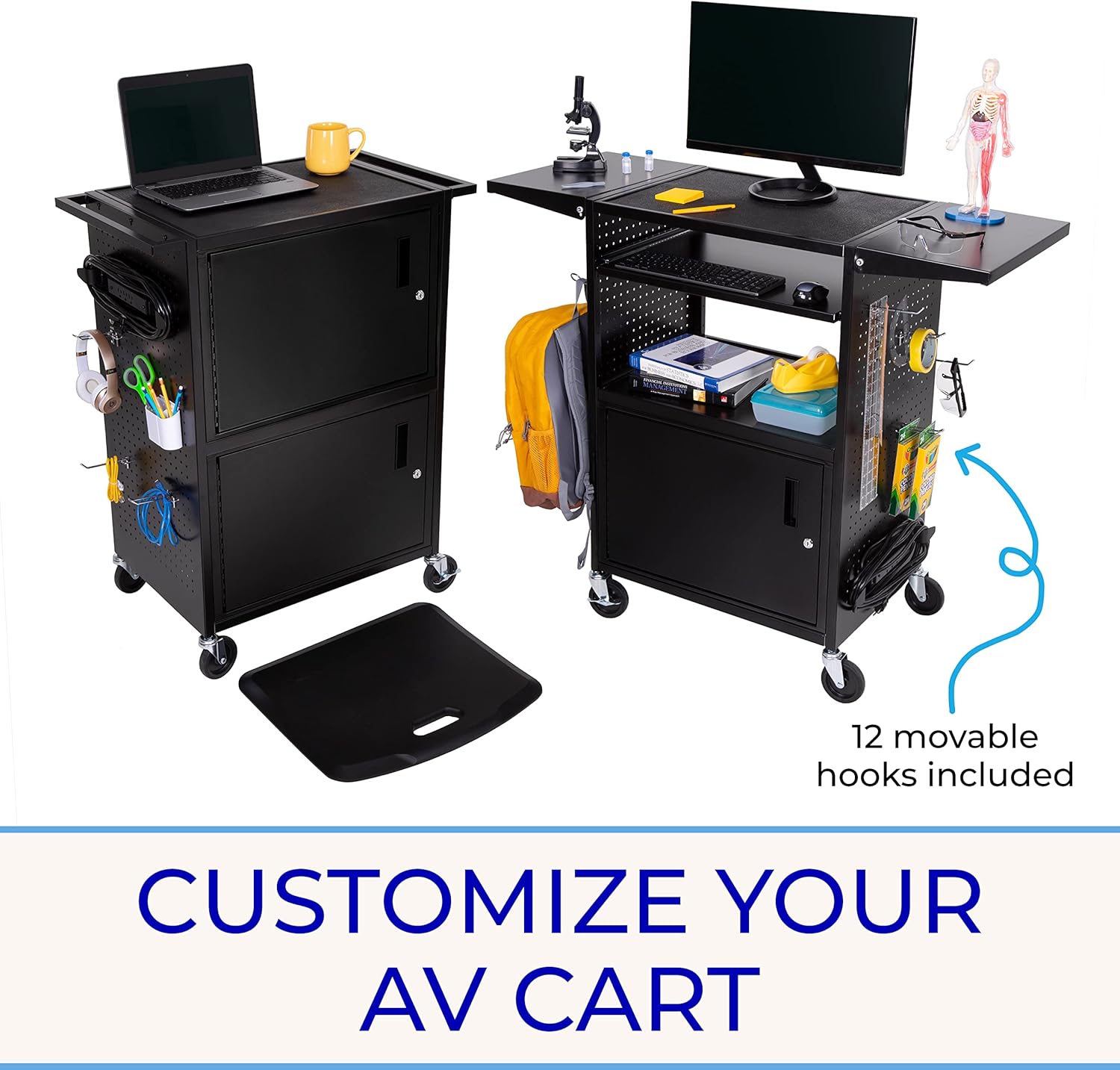 Line Leader Stellar AV Cart | Computer Cart with Pegboard Siding & 12 Hooks for Customizable Storage | Locking Cabinet & Pullout Keyboard Tray | UL