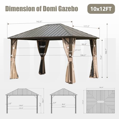 Domi 10’ x 10’ Hardtop Gazebo Metal Frame Canopy with Netting & Curtains