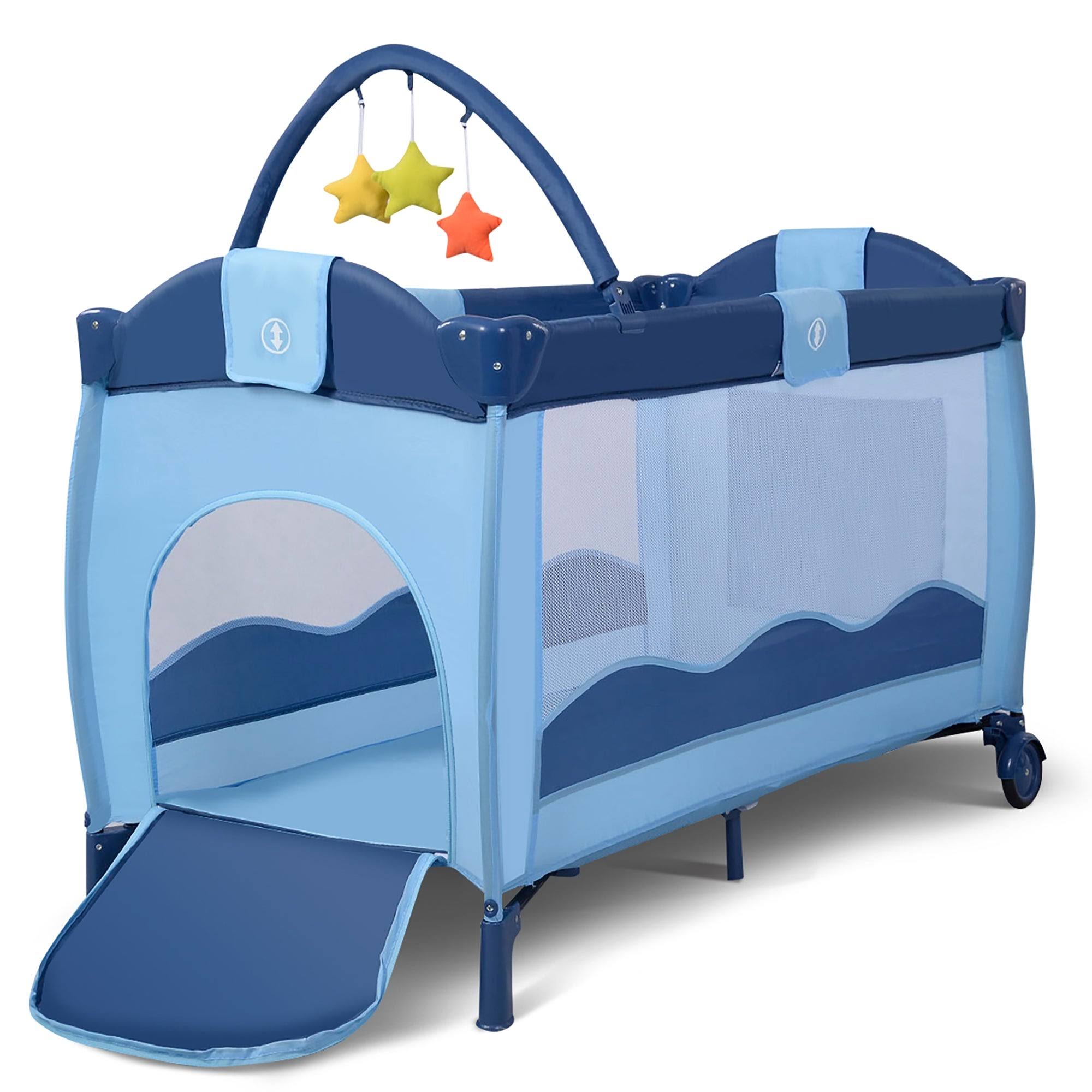 Portable Baby Playard Travel Bassinet Bed with Hanging Toys - Green