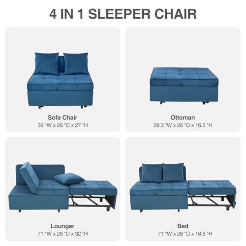 Sofa Bed 4-in-1 Convertible Pull Out Couch, Velvet Love seat Couch Sleeper Chair Bed with 2 Throw Pillow