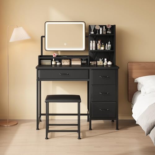 Makeup Vanity Desk with Mirror and Lights, Small Vanity with Fabric Storage Drawer & Chair & Shelves, White Compact Makeup Vanity Set for Bedroom