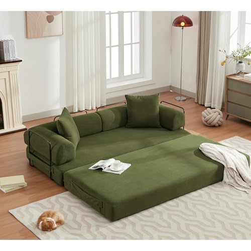 Convertible Sleeper Sofa Bed with Cylindrical Pillow, Corduroy Folding Mattress Couch with Fixed-Shape Frame