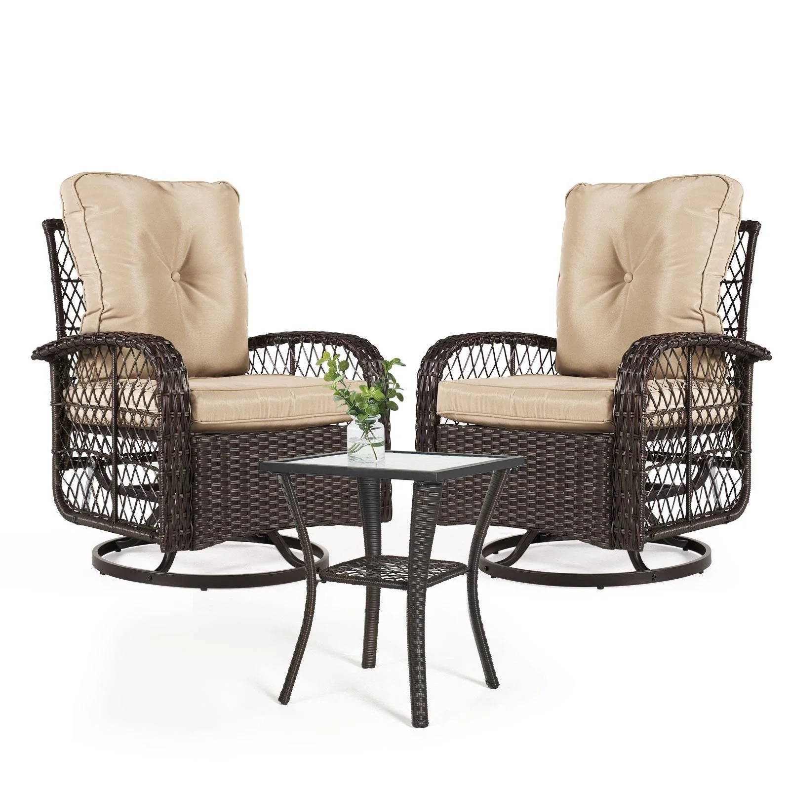 Aoxun 3 Piece Patio Chairs Set, Swivel Rocking Chairs for Patio, Wicker Bistro Set with Beige Cushions, Outdoor Swivel Rocker - Radiant Selections