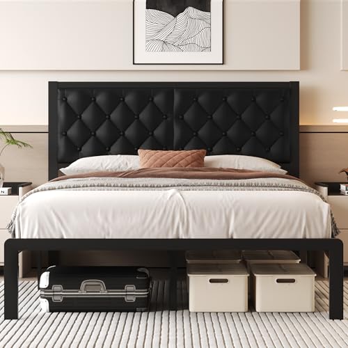 Queen Bed Frame with Headboard PU Leather Upholstered Bed Frame Platform,All Metal Slats Support Platform Bed Frame with Storage Space,Easy Assembly