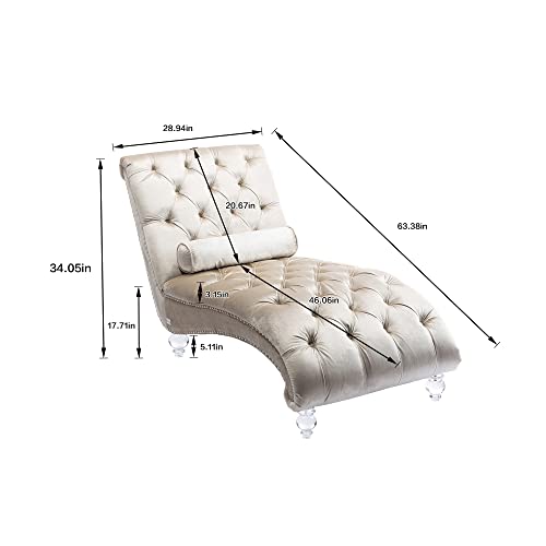 White Faux Fur Chaise Lounge Chair Indoor for Living Room Bedroom, Armless Upholstered Lounge Chair with Clear Legs & Rivet Decor