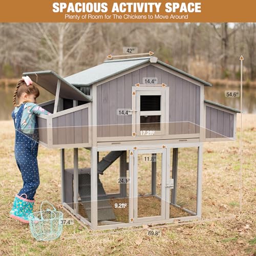 Chicken Coop Large Wooden Chicken Tractor for 6&ndash;8 Chickens, Outdoor Hen House with Metal Run Poultry Cage-Upgraded All Metal Frame