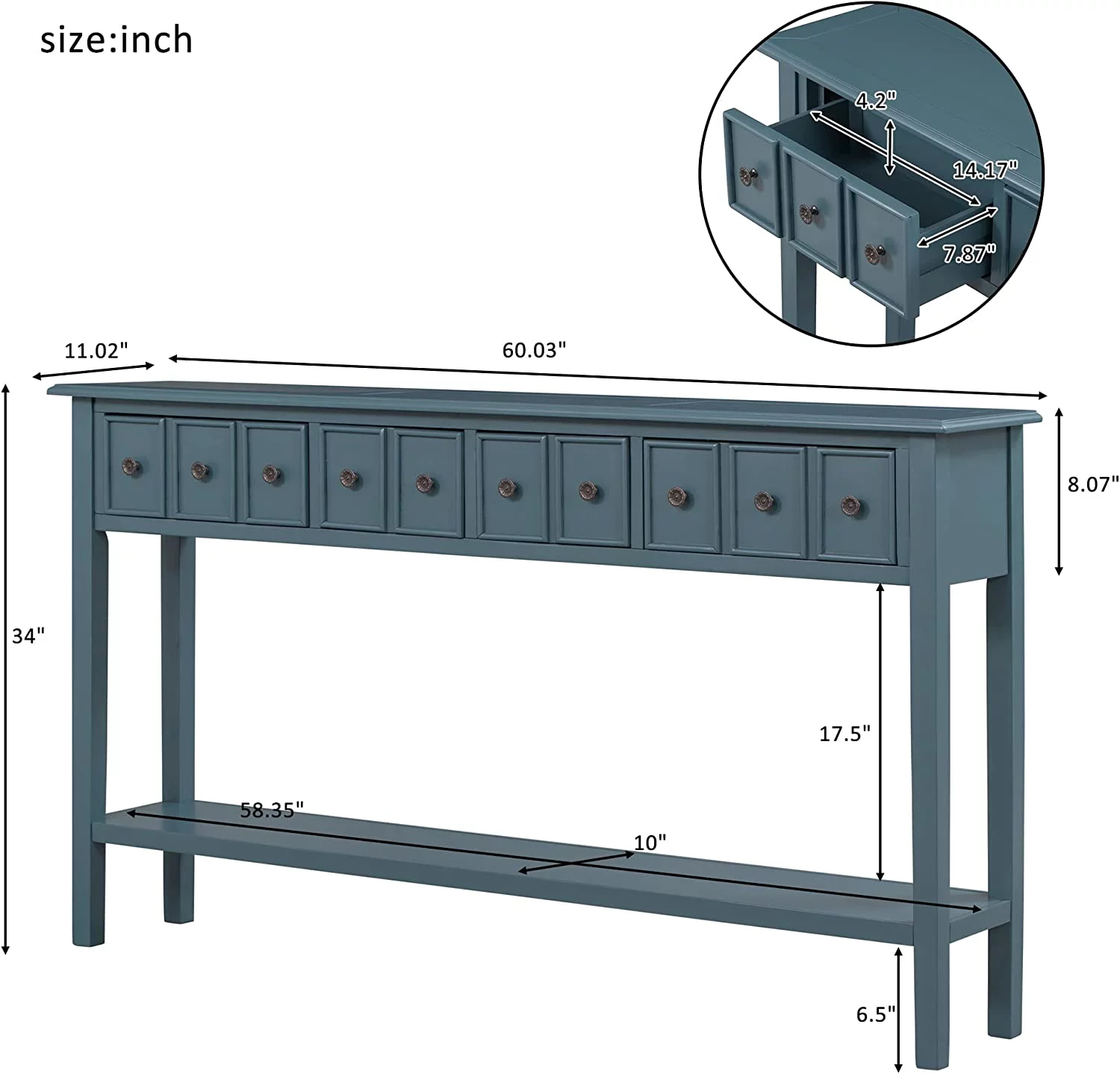 Console Table  Rustic Entryway Table  60" Long Sofa Table with 2 Different Size Drawers and Bottom Shelf for   Navy