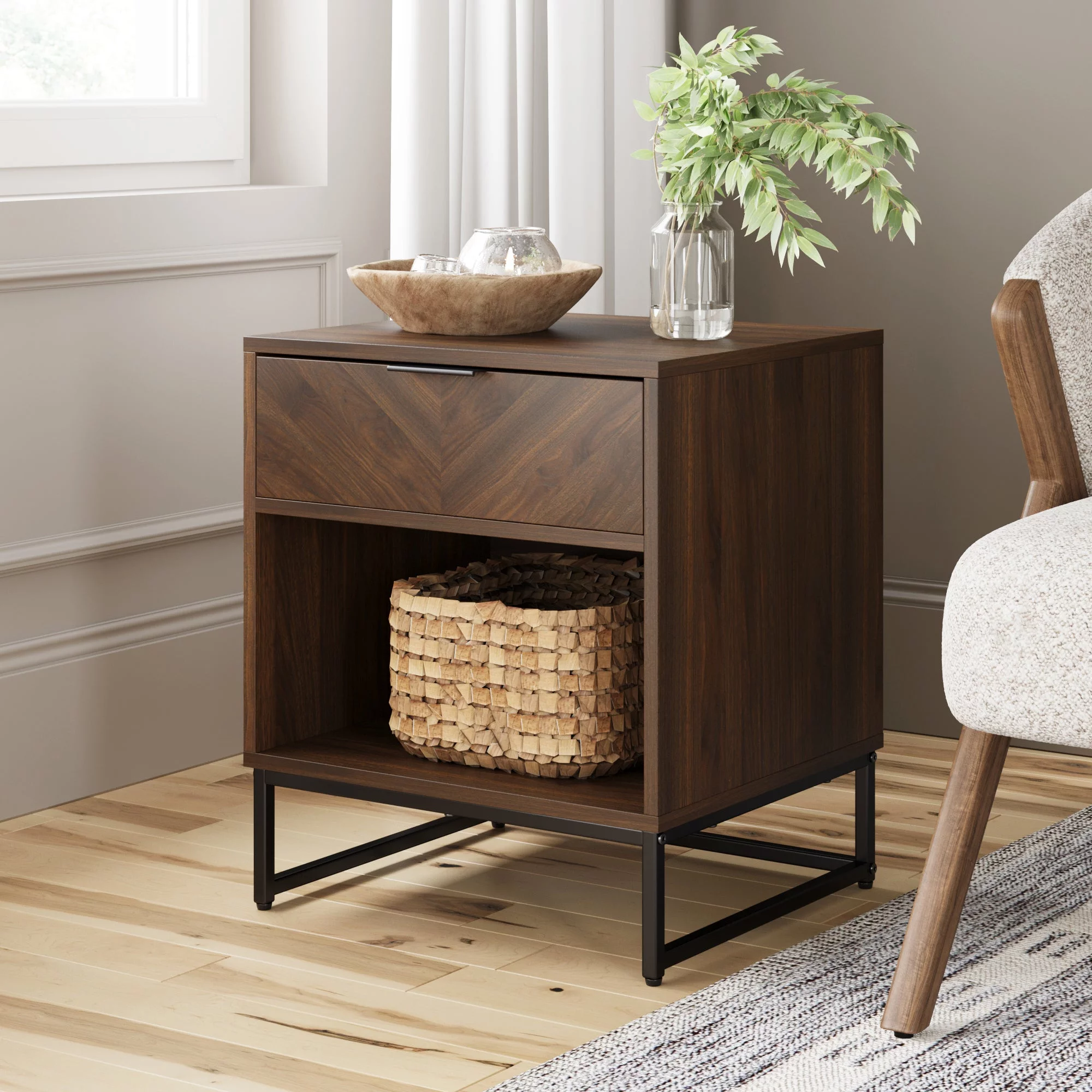 Nathan James Kensi Walnut Rustic Nightstand Black Matte Metal Base with Open Cubby for Storage and Drawer