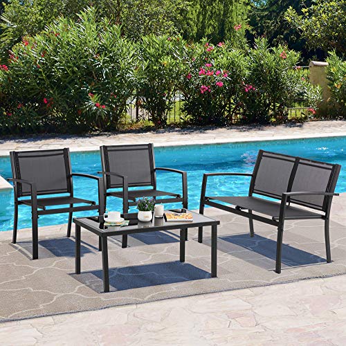 Vongrasig 4 Pieces Patio Furniture Sets,Outdoor Patio Conversation Sets with Glass Coffee Table, Small Porch Balcony Furniture