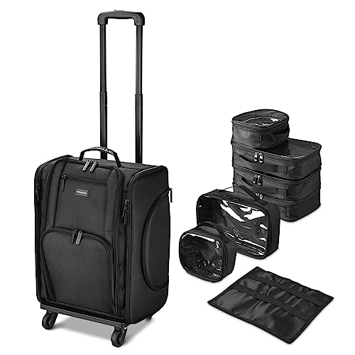 BYOOTIQUE Classic Black Rolling Makeup Train Case Soft Sided Cosmetic Storage Makeup Organizer Carry on Travel with Removable Side Pocket Bag