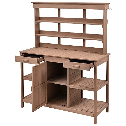 Merax 66" Large Outdoor Farmhouse Wooden Potting Bench Table, Garden Workstation with 2 Drawers, Cabinet, and Open Shelves for Backyard, Mudroom