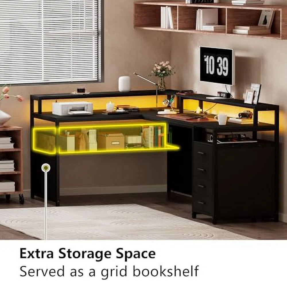 ZFGSUIJN L Shaped Desk with LED Lights &amp; Power Outlets  Reversible Home Office Desk with Drawers &amp
