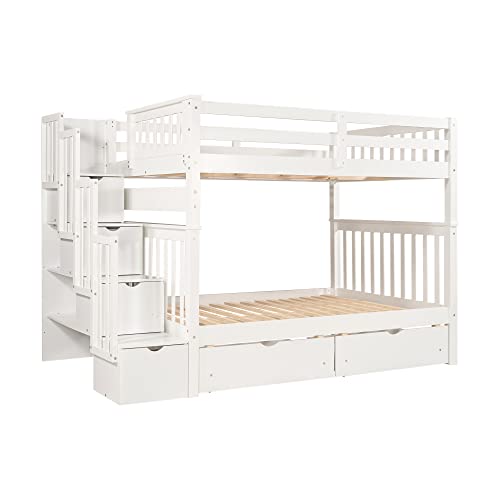 Ball & Cast Twin-Over-Twin Bunk Bed with Twin-Size Trundle and 3 Storage Stairs,Wood Bunkbed w/Full-Length Guardrails,Slat Support