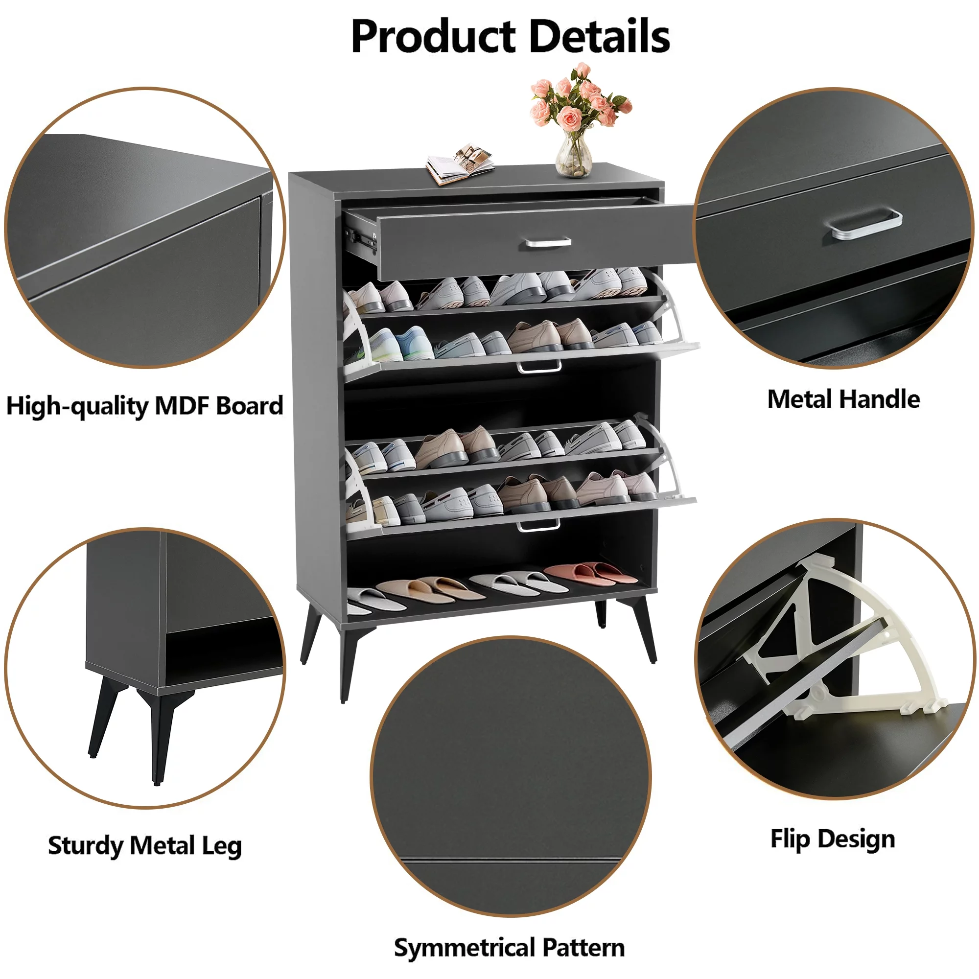 Sesslife Shoe Cabinet with 2 Flip Drawers, Modern 20 Pair Shoe Rack Organizer, Freestanding Tipping Bucket Shoe Storage Cabinet for Entryway, Gray