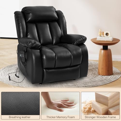 EDILLY Large Genuine Leather Power Lift Recliner Chairs for Elderly, Dual Motor with Massage and Heating,Double Lumbar Cushion and Extended Footrest