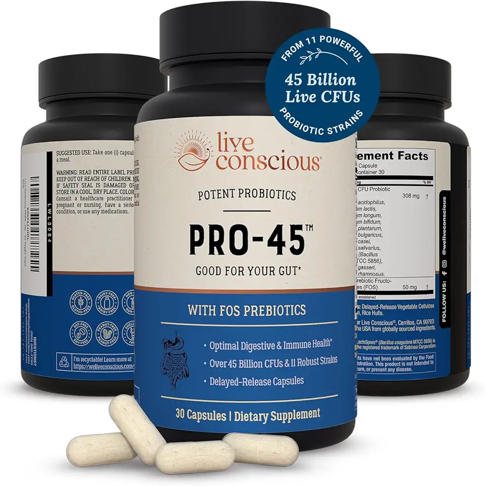 Live Conscious PRO45 Probiotics for Women & Men: Comprehensive Formula, 45 Billion CFU, 11 Strains, Dairy Free - w/Prebiotics and Probiotics