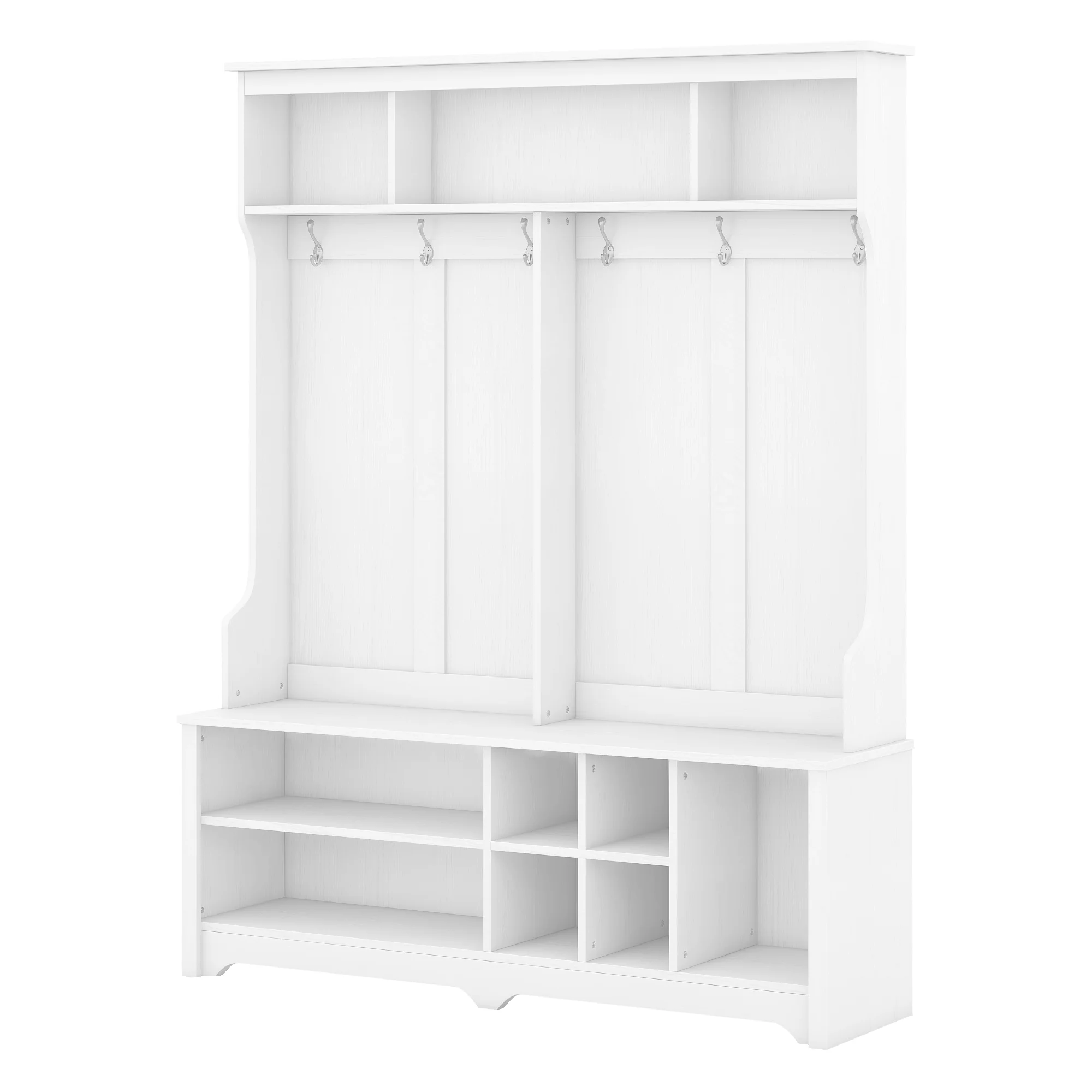 Modern Hallway Hall Tree with Metal Hooks and Storage Space, Multi-Functional Entryway Coat Rack with Shoe Cubbies