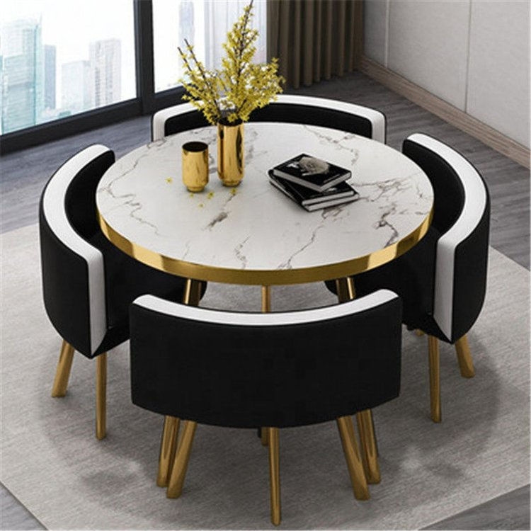 FAVORABLE SPACE SAVING MINI DINING TABLE SET 4 CHAIRS WITH MDF ROUND COFFEE TABLE METAL LEGS BALCONY HOME FURNITUR