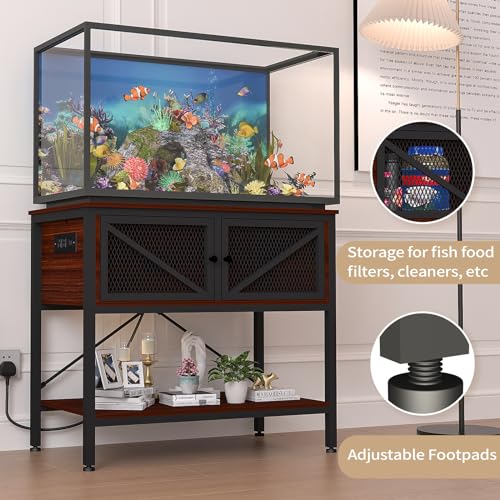 40-50 Gallon Fish Tank Stand, Aquarium Stand with Power Outlets & LED Light, Cabinet for Fish Tank Accessories Storage, Heavy Duty Metal Frame