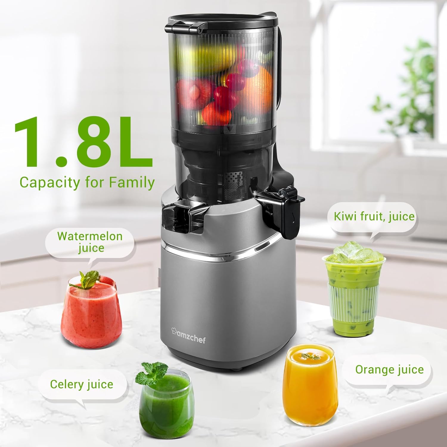 Juicer Machines, AMZCHEF 5.3-Inch Self-Feeding Masticating Juicer Fit Whole Fruits & Vegetables