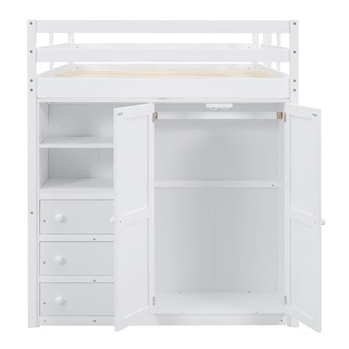 Merax Full Size Loft Bed Frame with Built-in Wardrobe, Desk, Storage Shelves and Drawers, Wood Slat Support